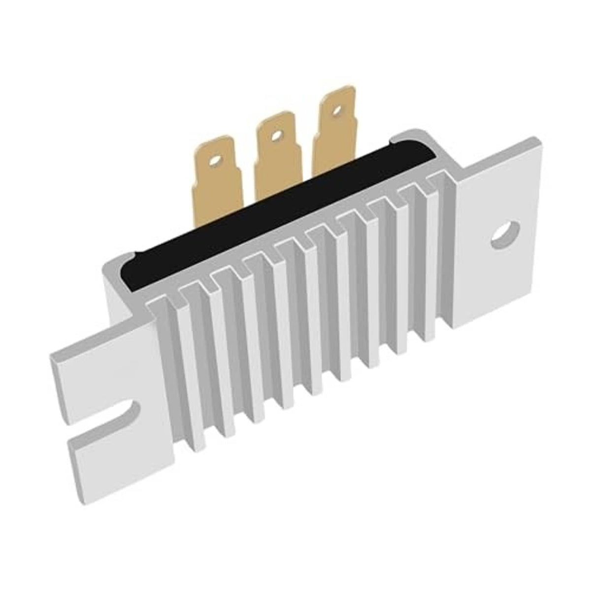 Voltage regulator rectifier, silver finned heatsink with black top and gold tab terminals
