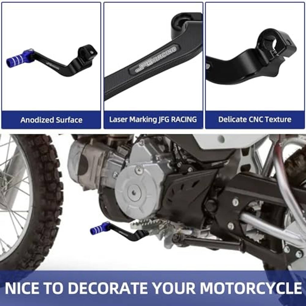 Motorcycle gear shifter lever with blue anodized knurled tip and black textured arm