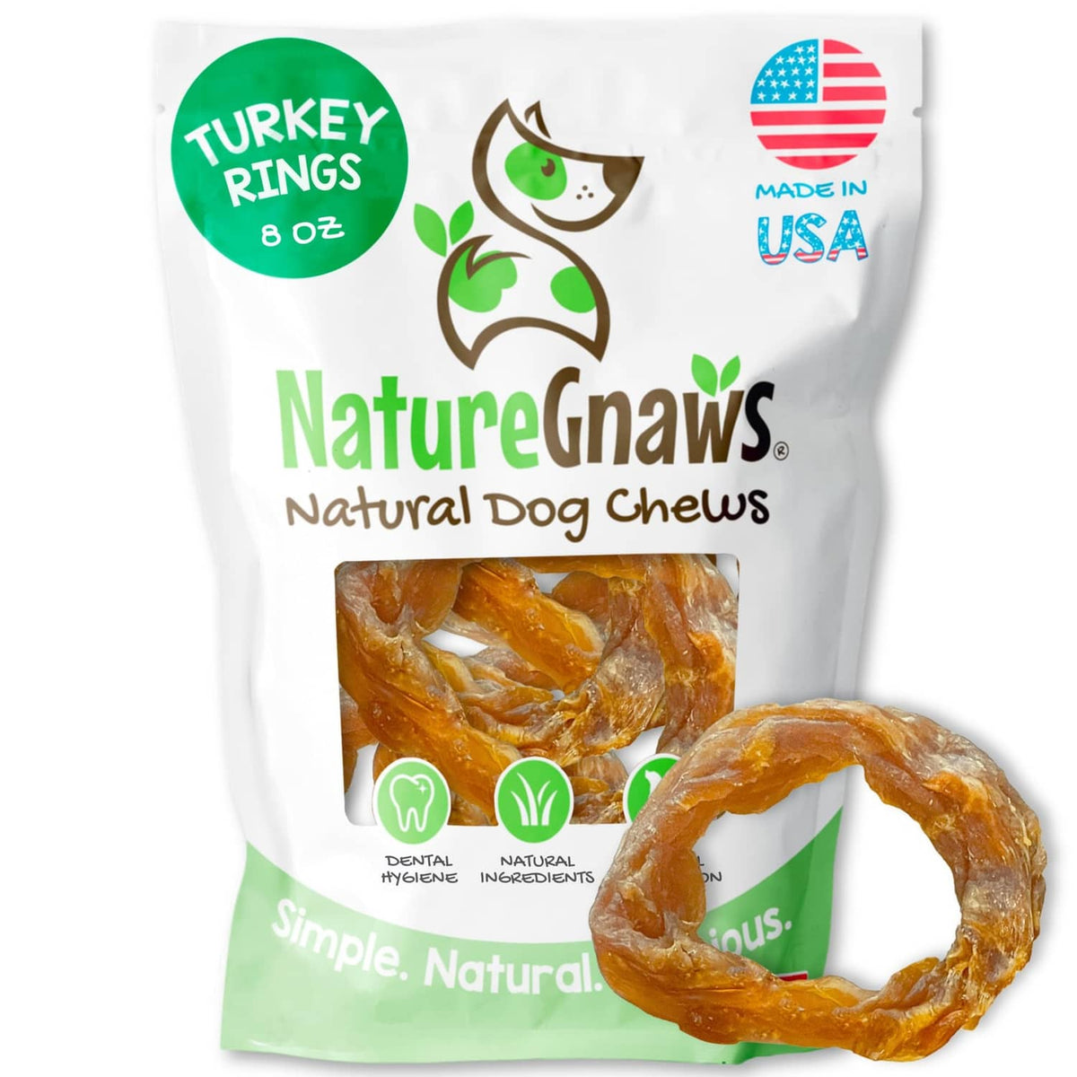 NatureGnaws Turkey rings 8 oz pouch with two orange-brown twisted chew rings