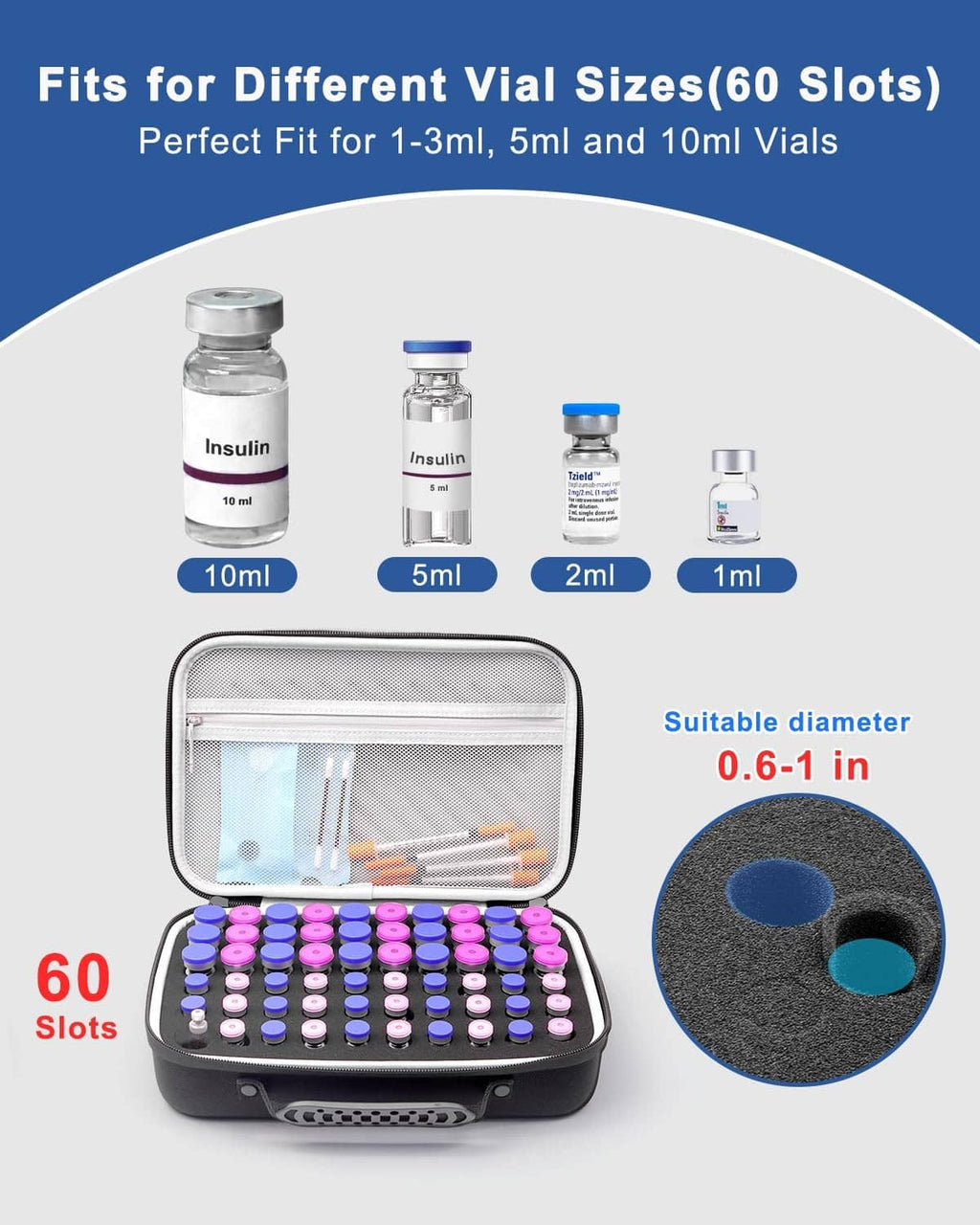 Insulin vial protector case with open lid showing foam insert and 60 slot layout