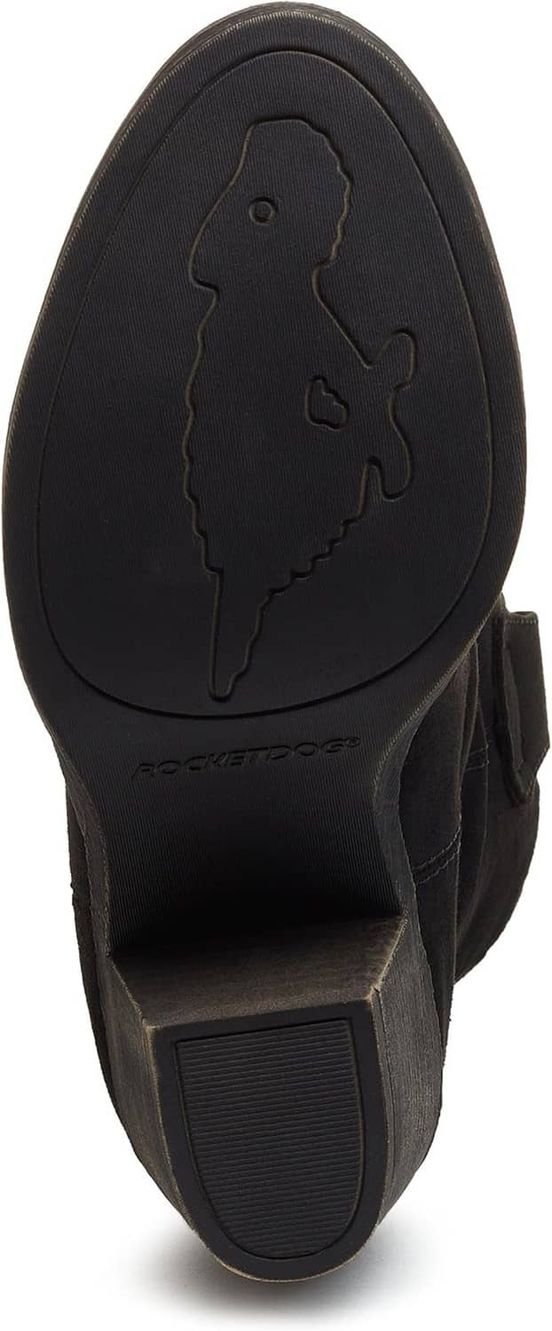 Black suede ankle boot sole view with molded icon and tread