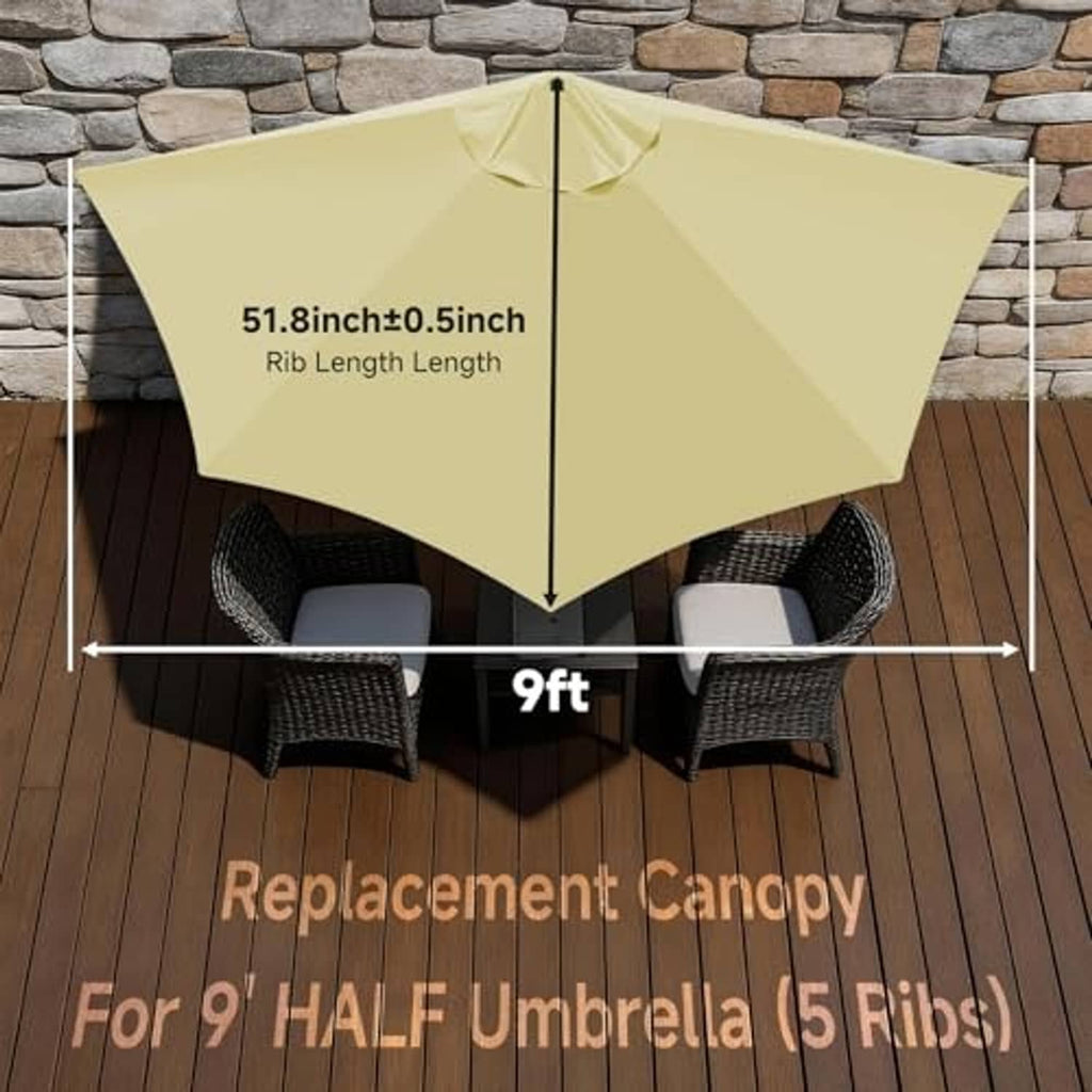 Light beige half umbrella replacement canopy attached over outdoor seating