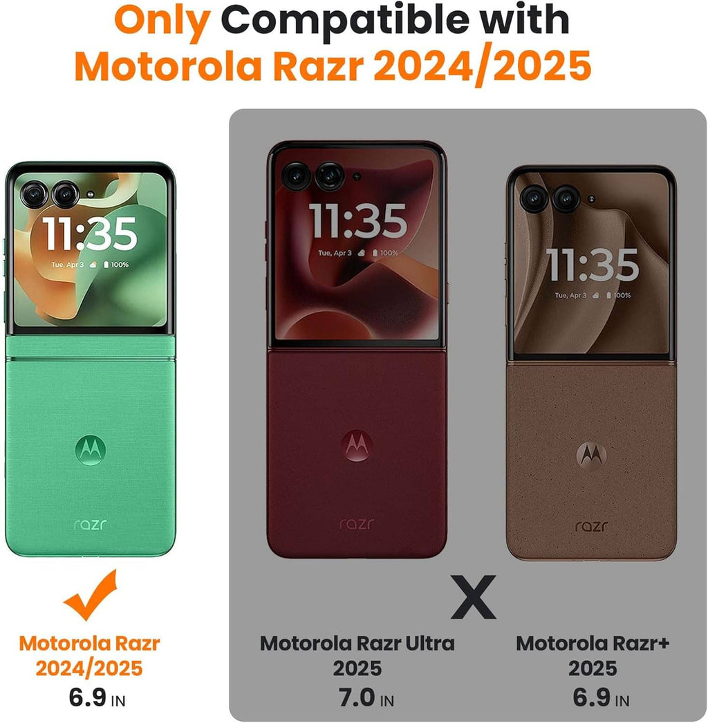 Phone case display with screen protectors shown on three Razr color options