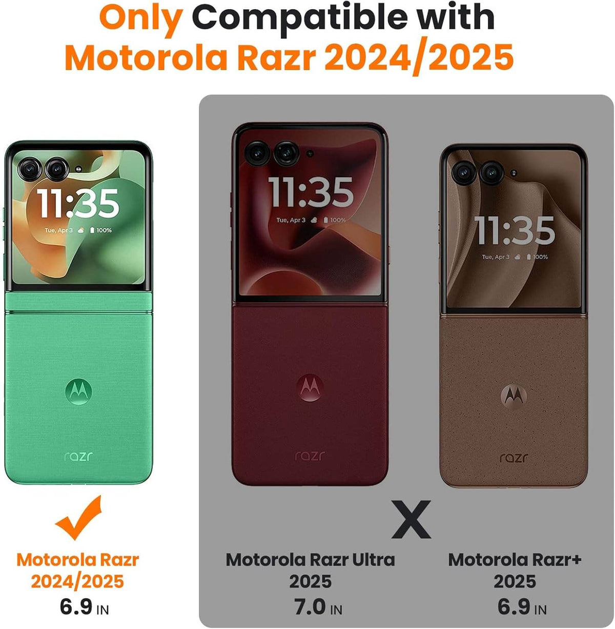 Phone case display with screen protectors shown on three Razr color options