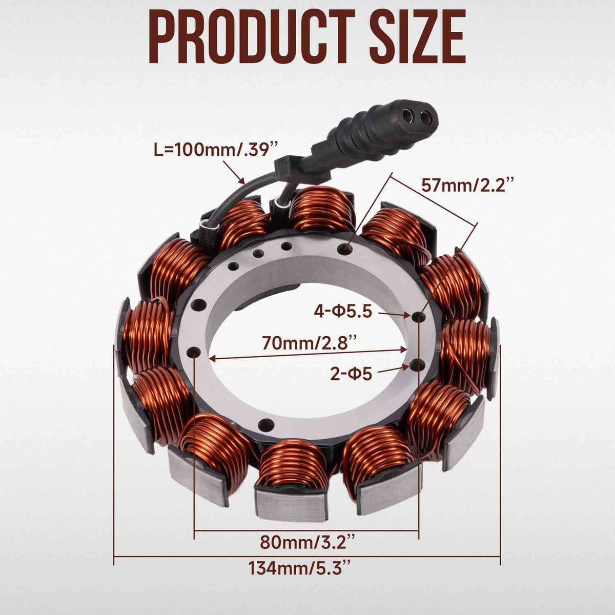 Motorcycle stator with copper coils and black regulator rectifier, shown with size overlay