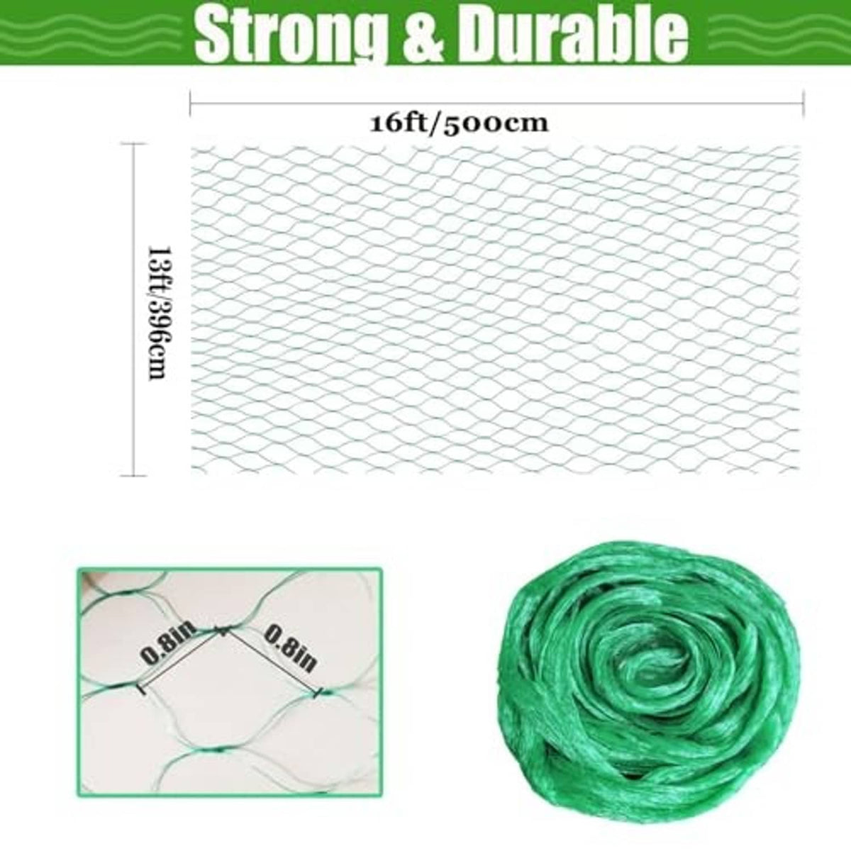 Green bird netting mesh roll with 16ft/500cm size diagram and fine grid