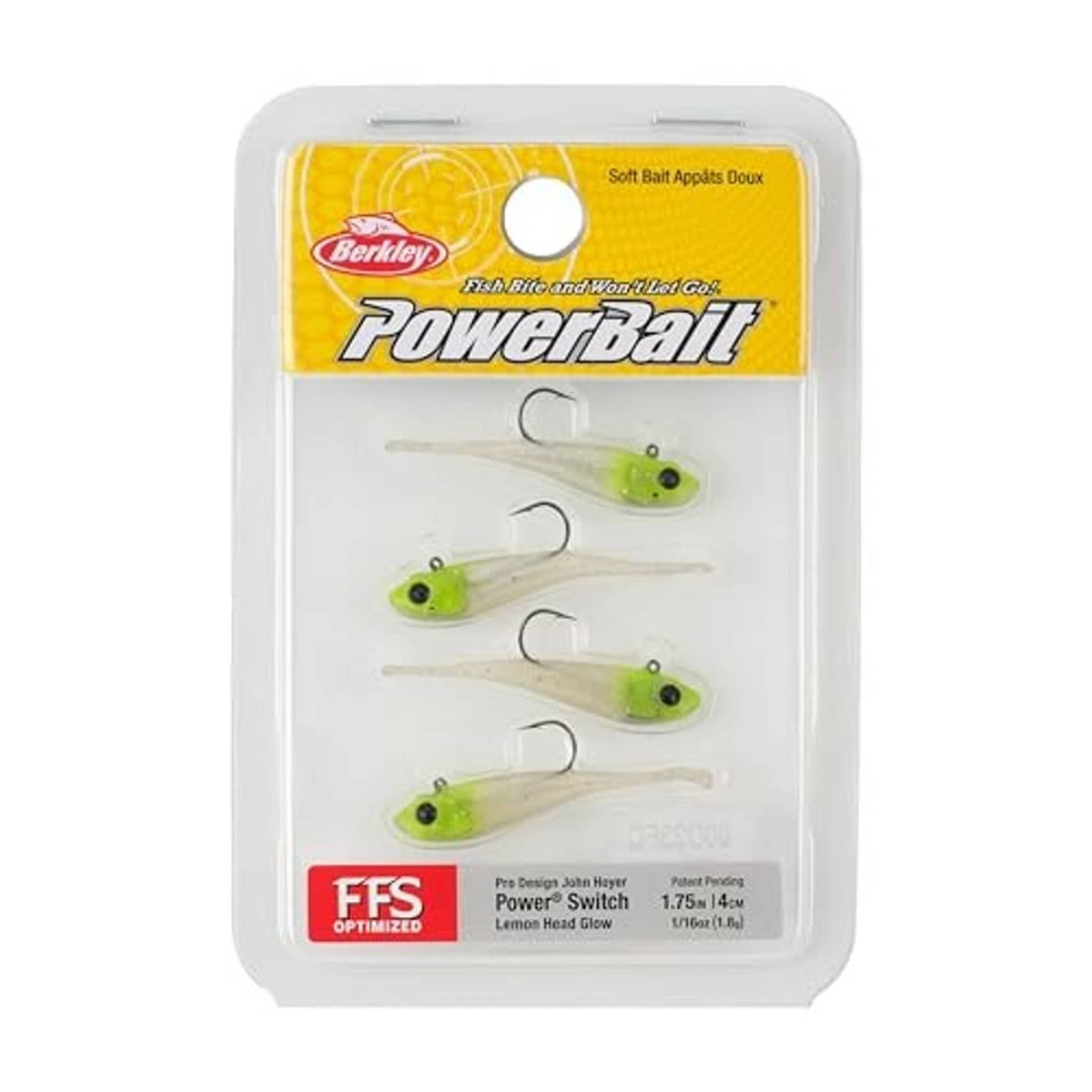 Berkley Powerbait soft plastic baits in blister pack, lemon head glow color