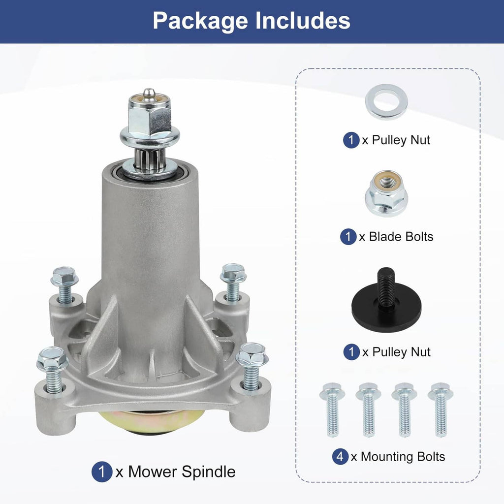 Mower spindle assembly kit: silver spindle, pulley nut, blade bolts, and mounting bolts