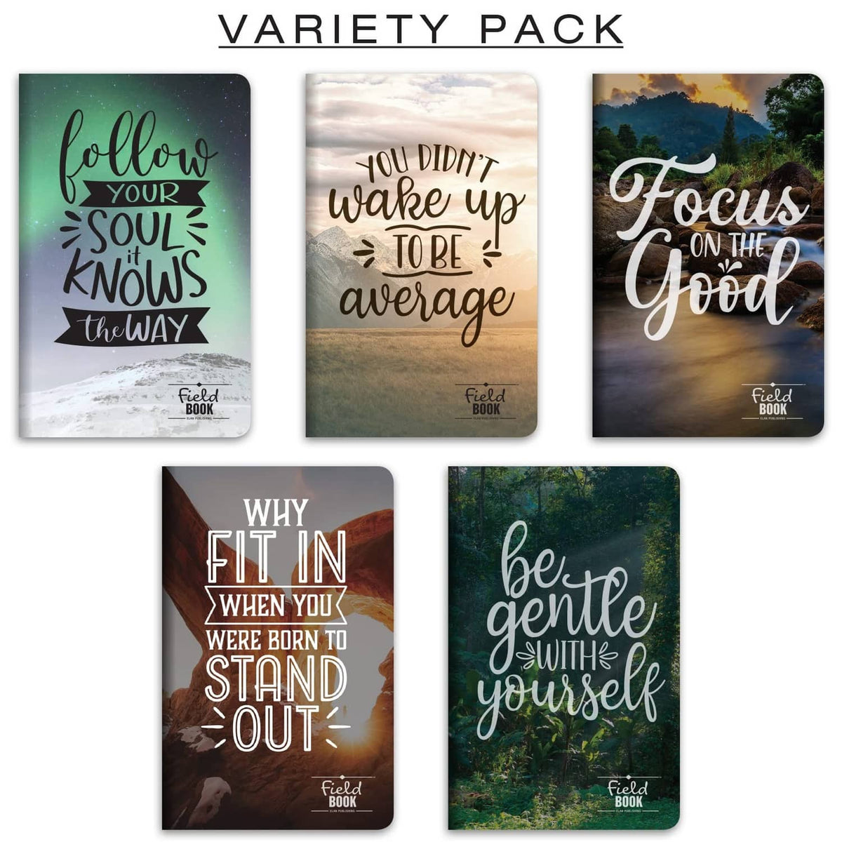 Set of five mini field notebooks with varied motivational photo cover designs.