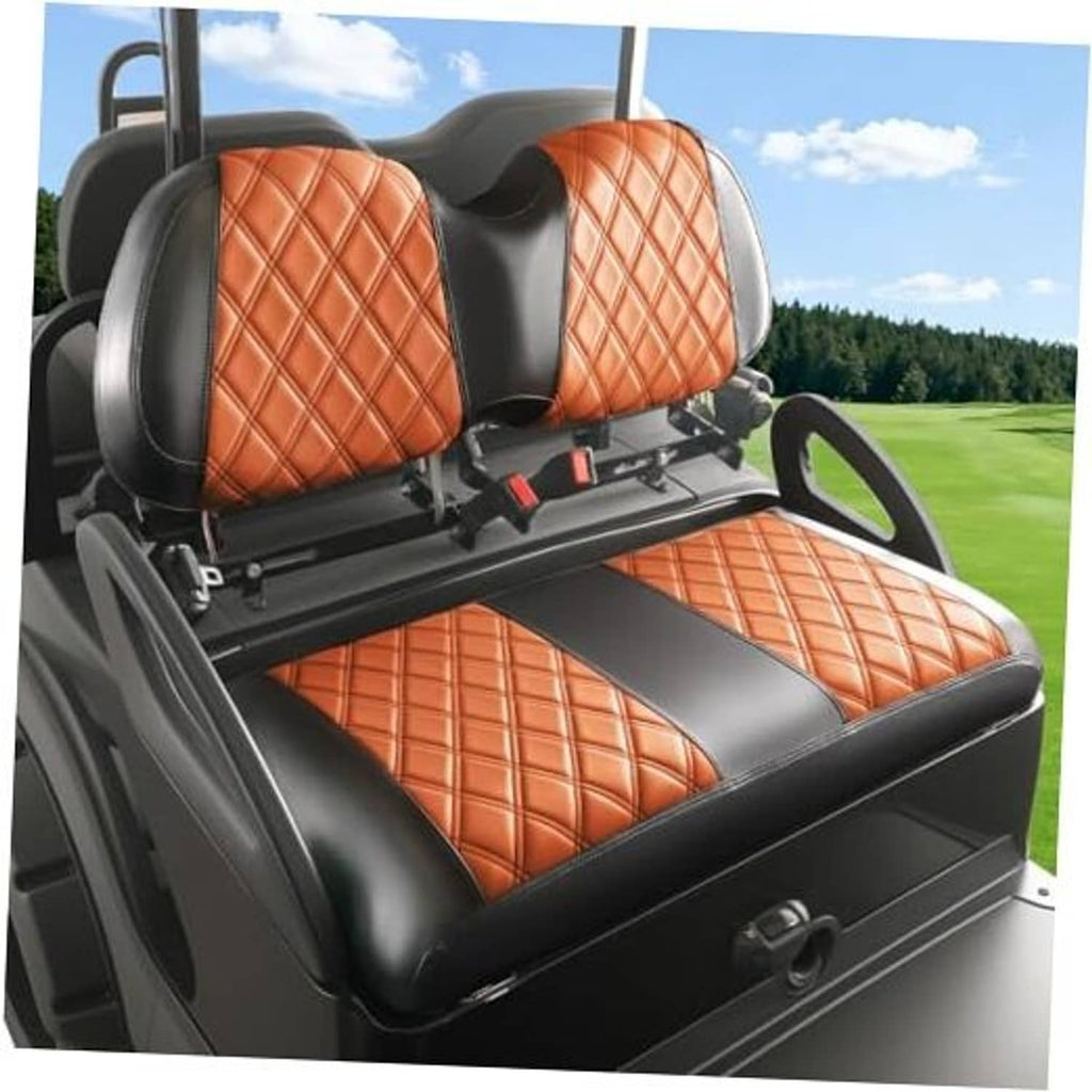 Orange diamond-pattern golf cart seat cover set with black backing and headrest panels