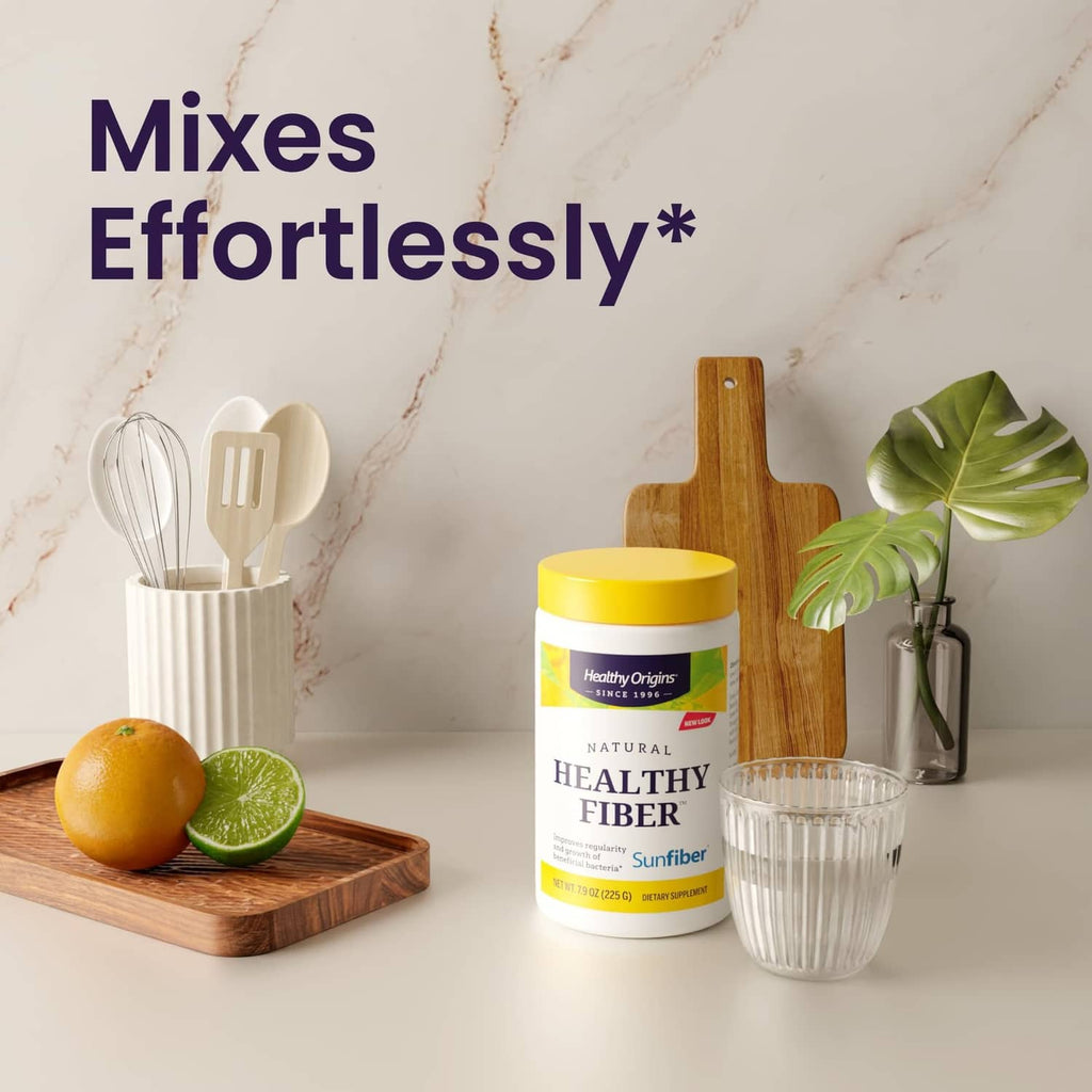 Healthy Fiber supplement bottle with measuring tools and glass on wooden board