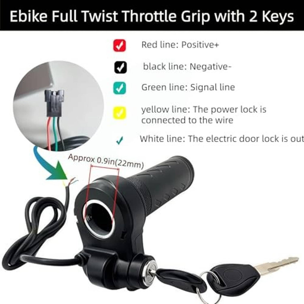 Black throttle grip with two keys and wiring connection diagram close-up.