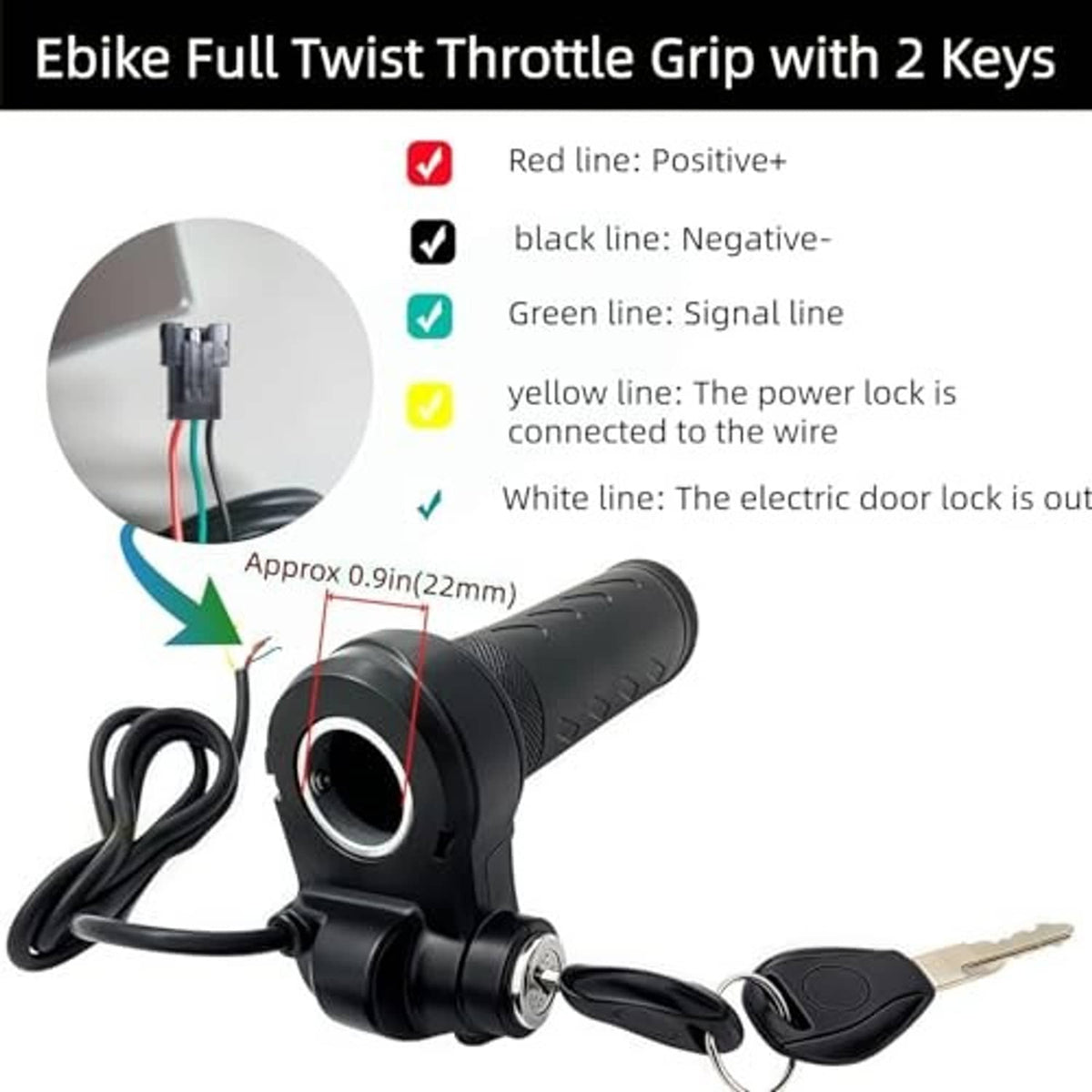Black throttle grip with two keys and wiring connection diagram close-up.