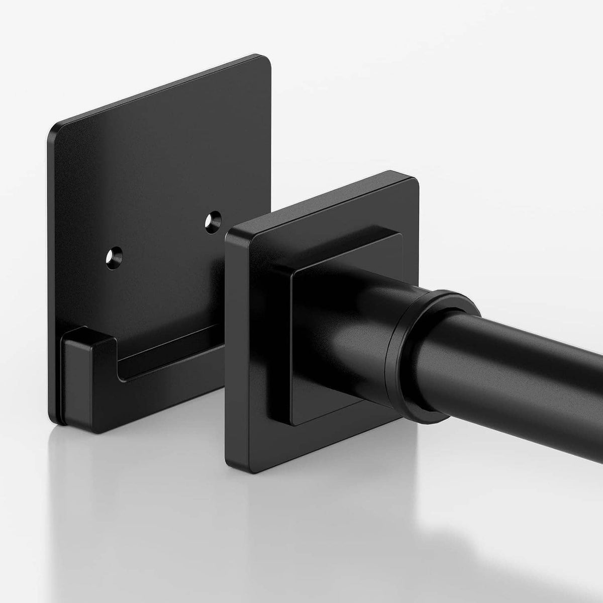 Matte black shower curtain tension rod with square wall mounts and cylindrical bar