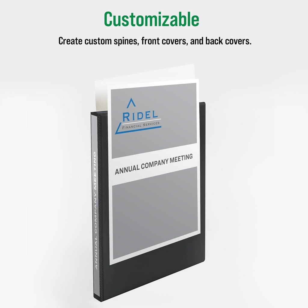 Black economy view binder with customizable front cover and back cover sleeves