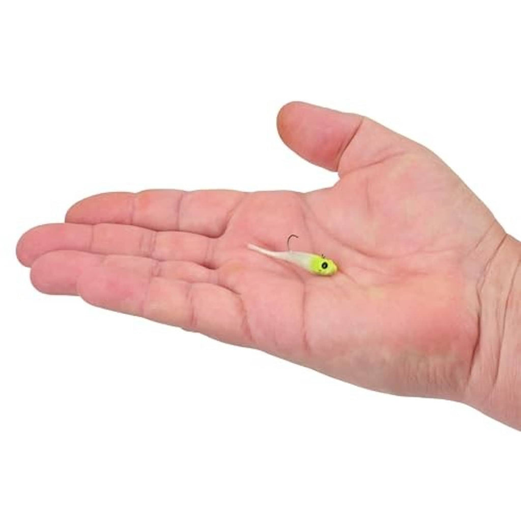 Small soft plastic fishing bait on hook, bright chartreuse body shown in hand