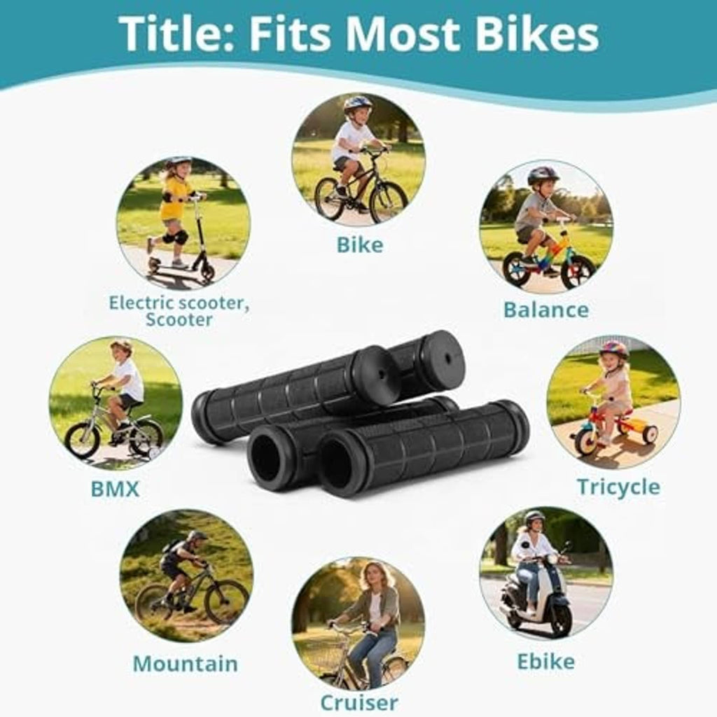 Black rubber bike handlebar grips with raised grid texture and centered end-cap plugs