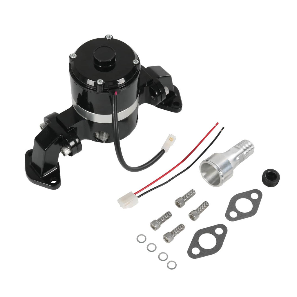 Electric water pump kit with black pump, red-and-black wires, and silver adapter