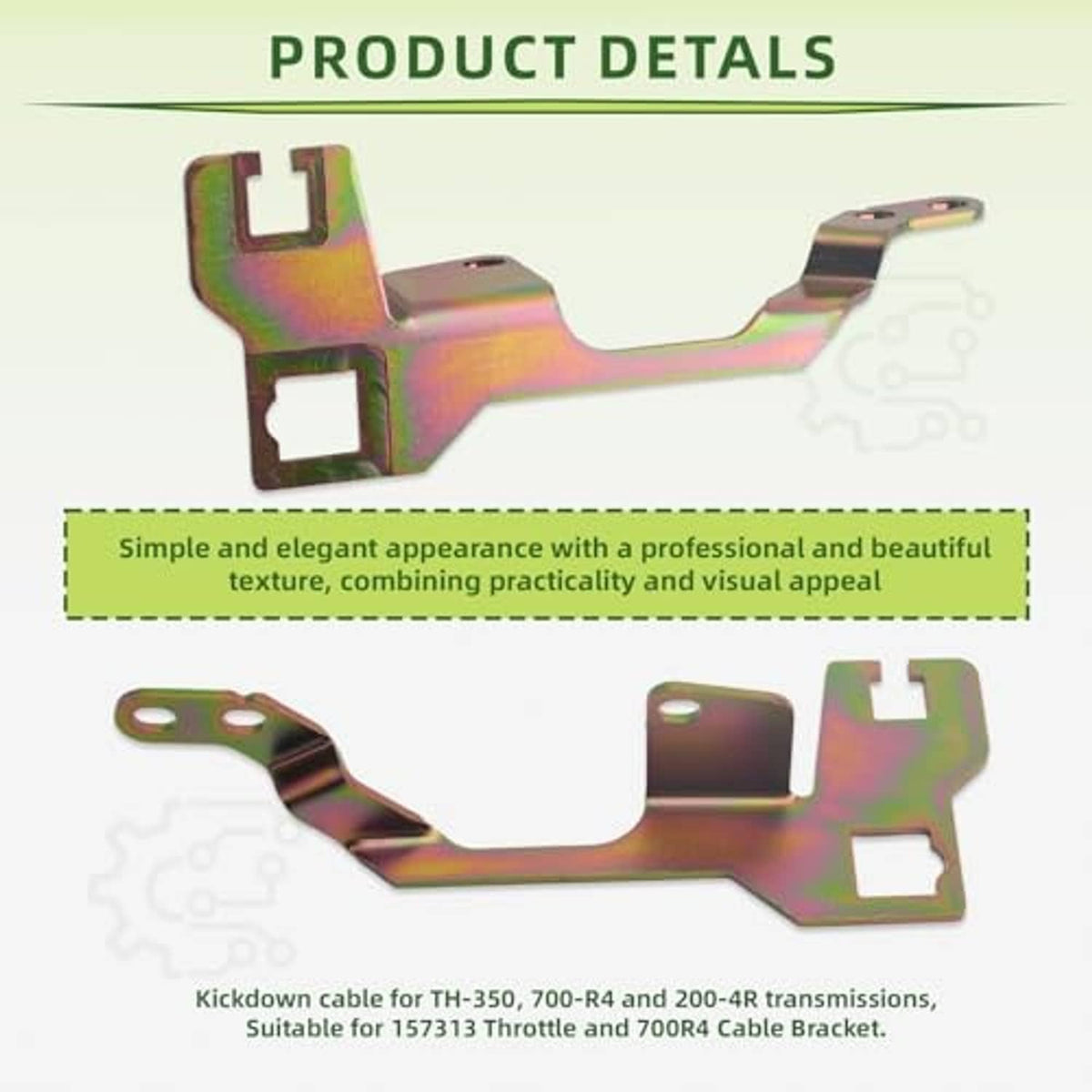 Iridescent throttle cable bracket with rectangular cutouts and mounting holes