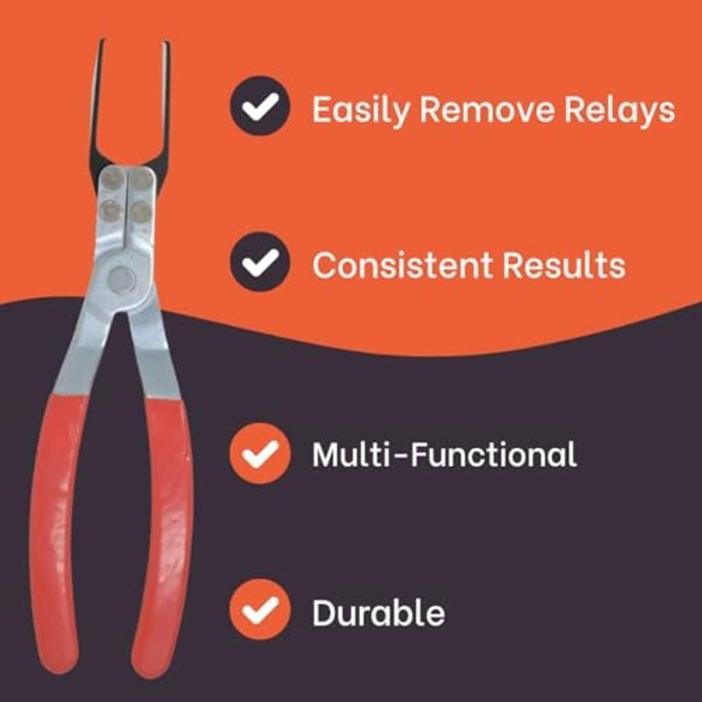 Red and gray relay puller pliers for automotive relay testing.