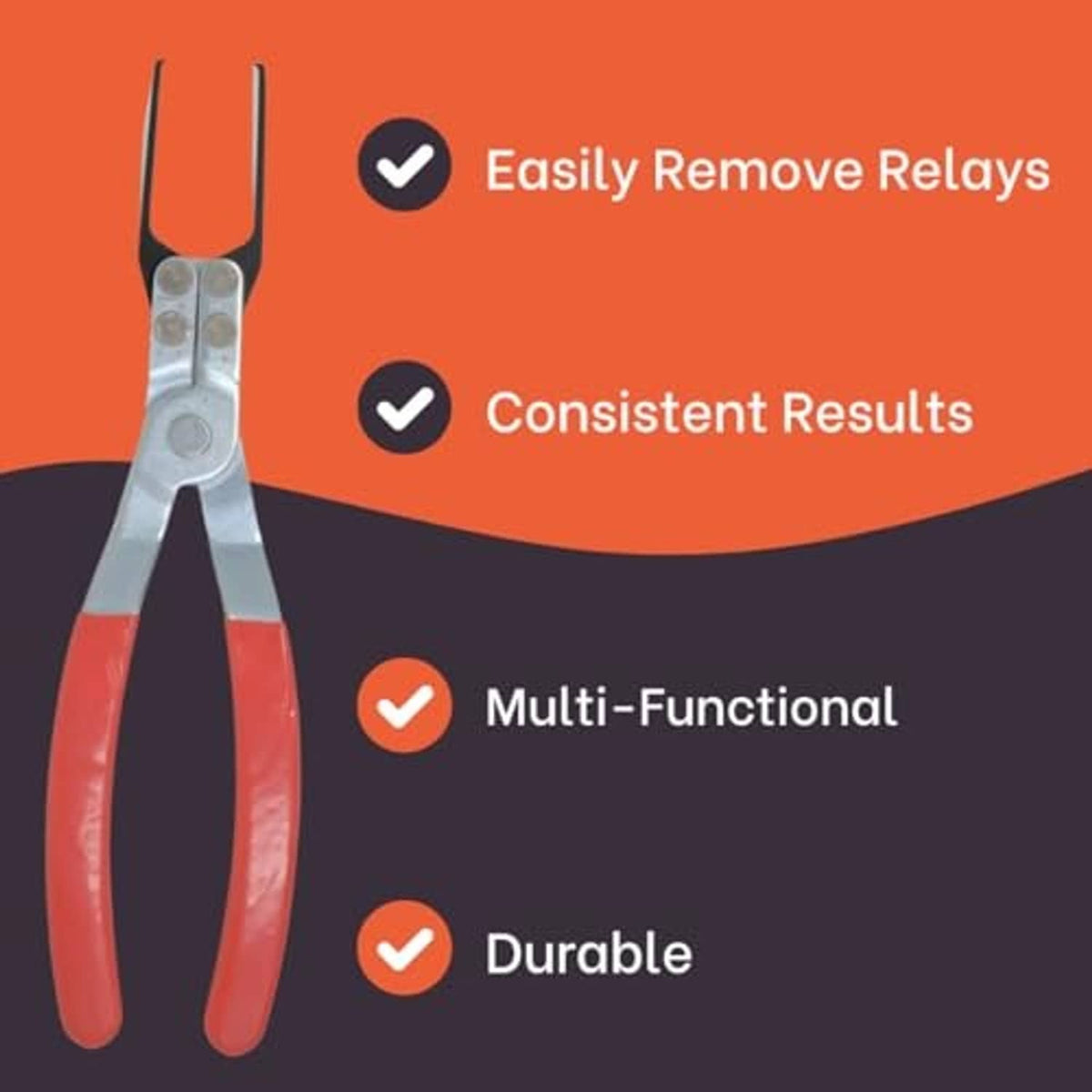 Red and gray relay puller pliers for automotive relay testing.