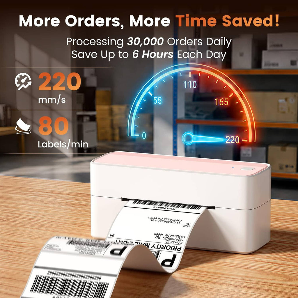 Pink-and-white shipping label printer with a paper label coming out