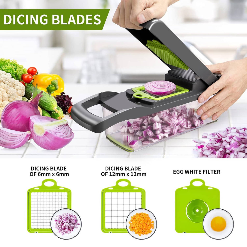 Vegetable chopper with hands holding ingredient on gray base; green dicing and egg filter
