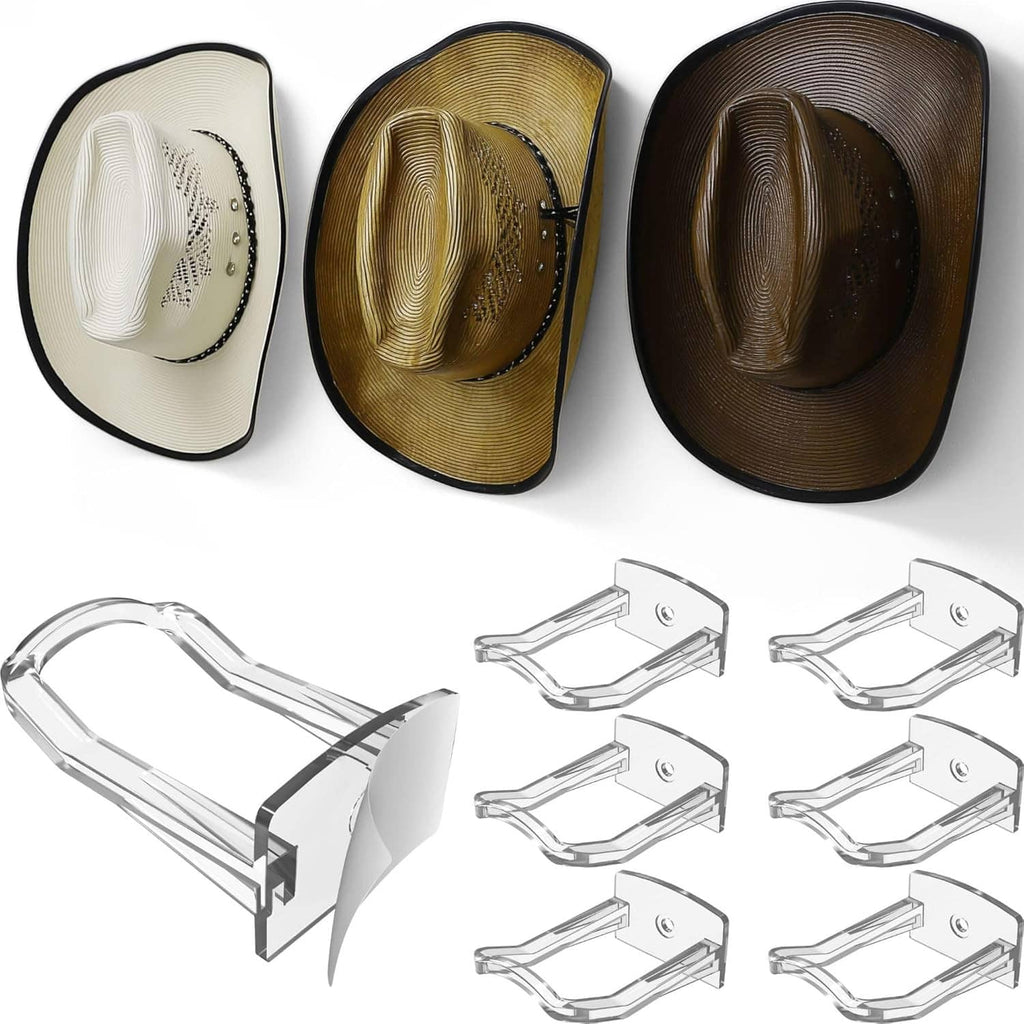 Cowboy hat wall hooks set with six clear metal clips and three brimmed hats