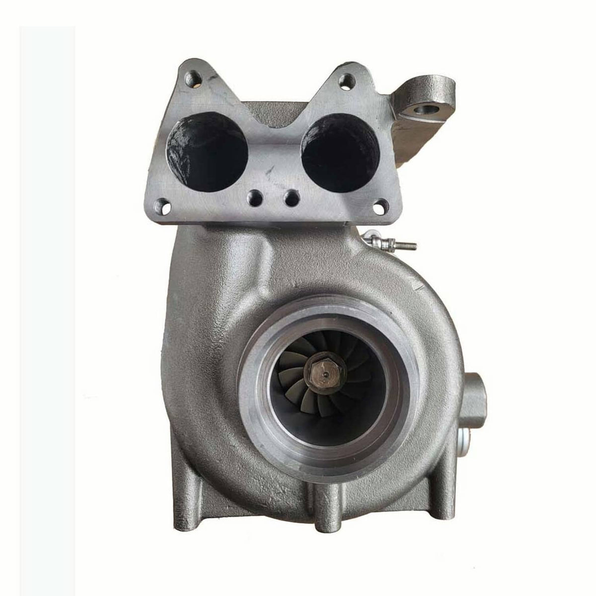 Turbocharger with inlet flange and compressor housing, angled front view