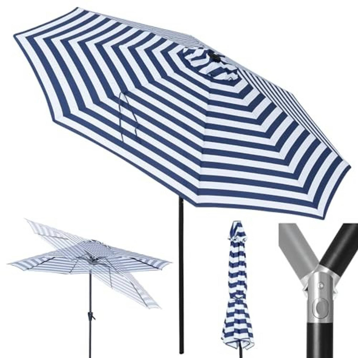 Blue-and-white striped beach umbrella open with cross ribs and center pole