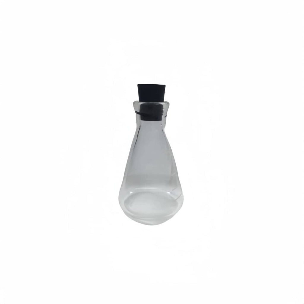Black rubber lab stopper fitted on a glass lab flask neck