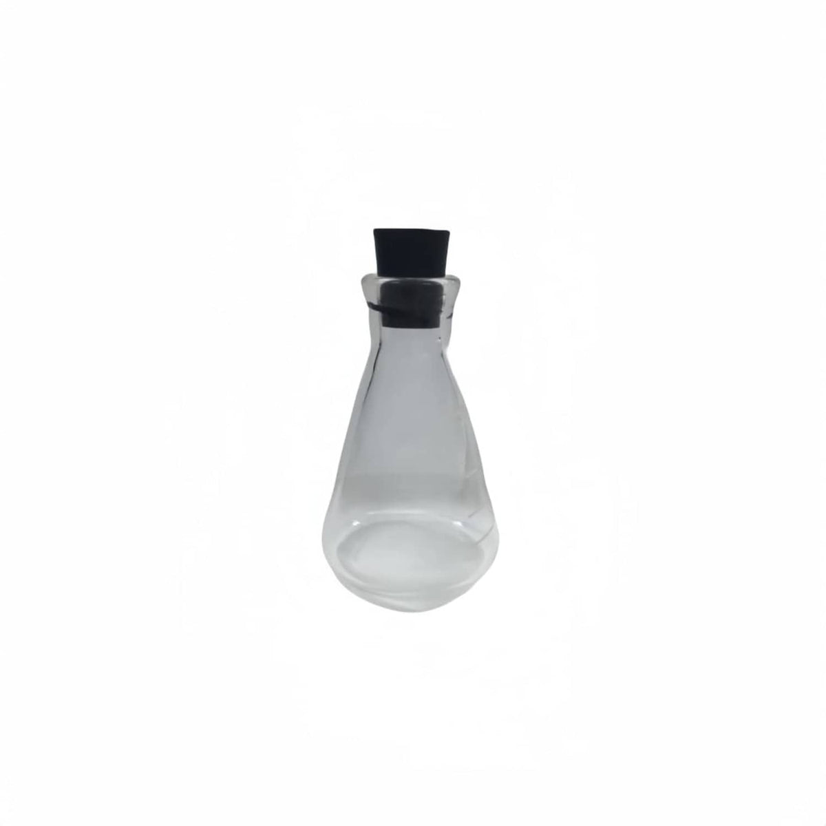 Black rubber lab stopper fitted on a glass lab flask neck