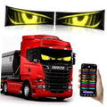 Truck windshield LED devil eyes set with two glowing yellow-green light panels