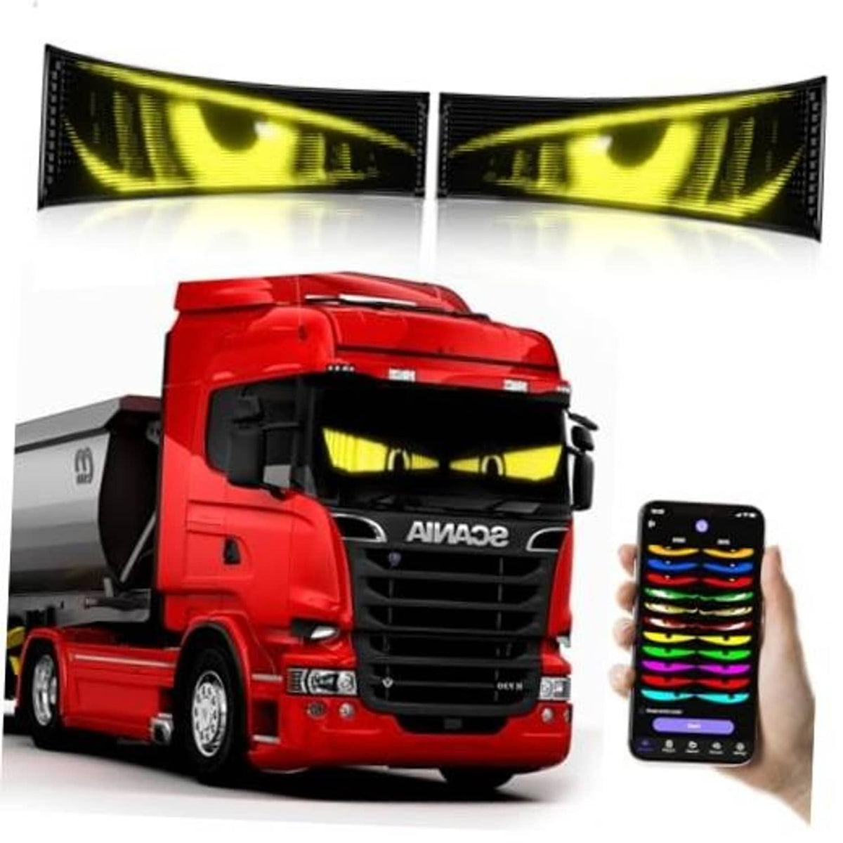 Truck windshield LED devil eyes set with two glowing yellow-green light panels