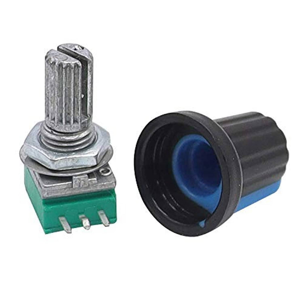 Rotary potentiometer with silver pins, green base, and black sleeve housing with blue insert.