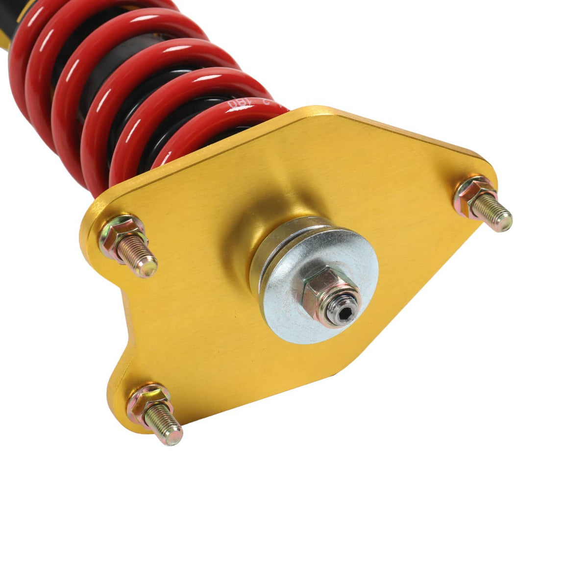 Coilover strut top cap with gold plate, red spring coils, and central silver bearing hub
