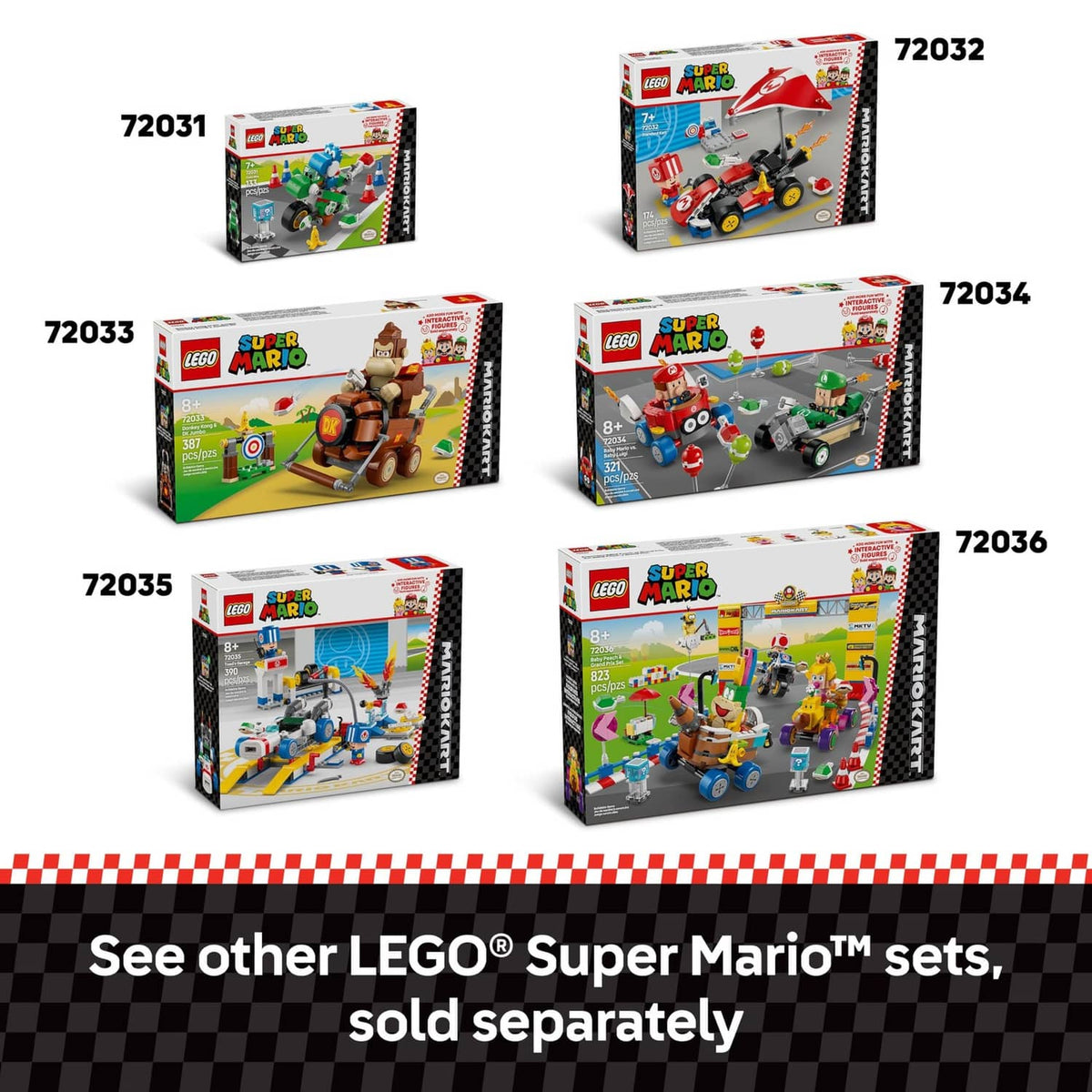Assorted LEGO Super Mario set boxes, including multicolor baby Mario Kart sets