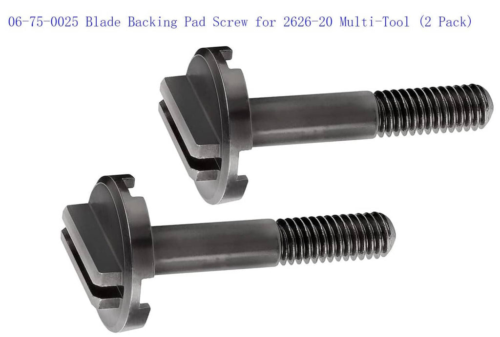 Blade backing pad screw pair: two dark-head screws with silver threaded shafts.