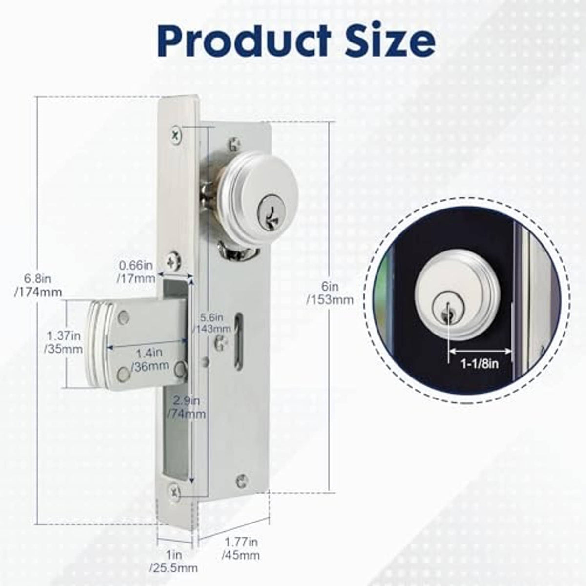 Mortise lock size diagram showing door and cylinder measurement dimensions