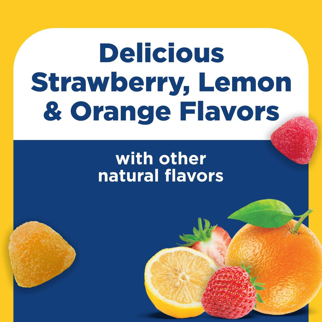 Multi+Omega-3 gummies label with strawberry, lemon, and orange flavors