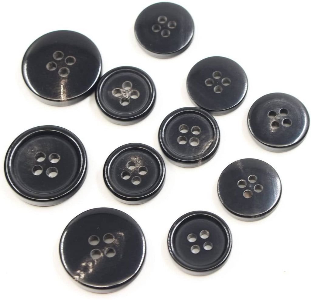 Round black 4-hole buttons, assorted angles, set of 11