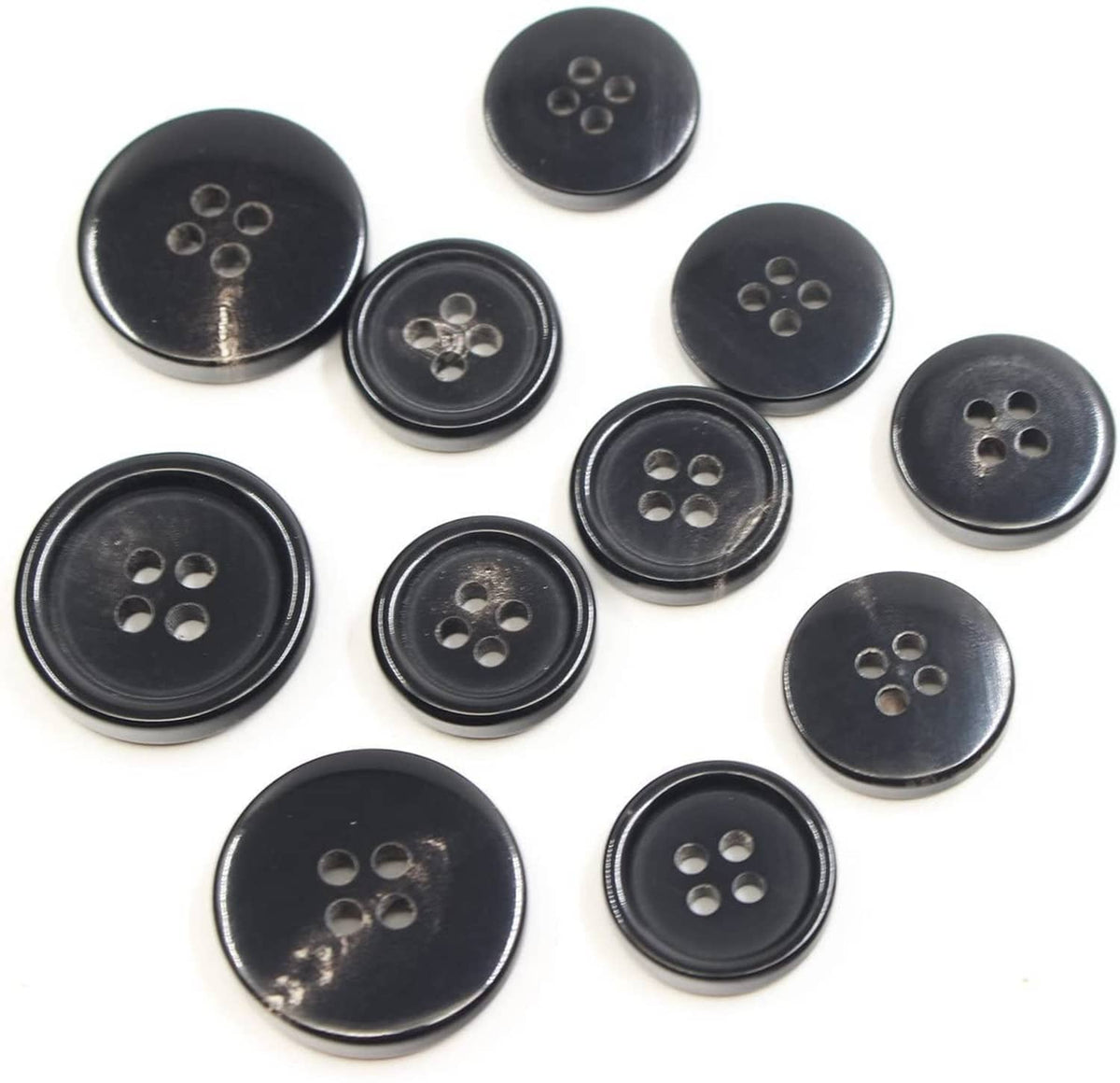 Round black 4-hole buttons, assorted angles, set of 11