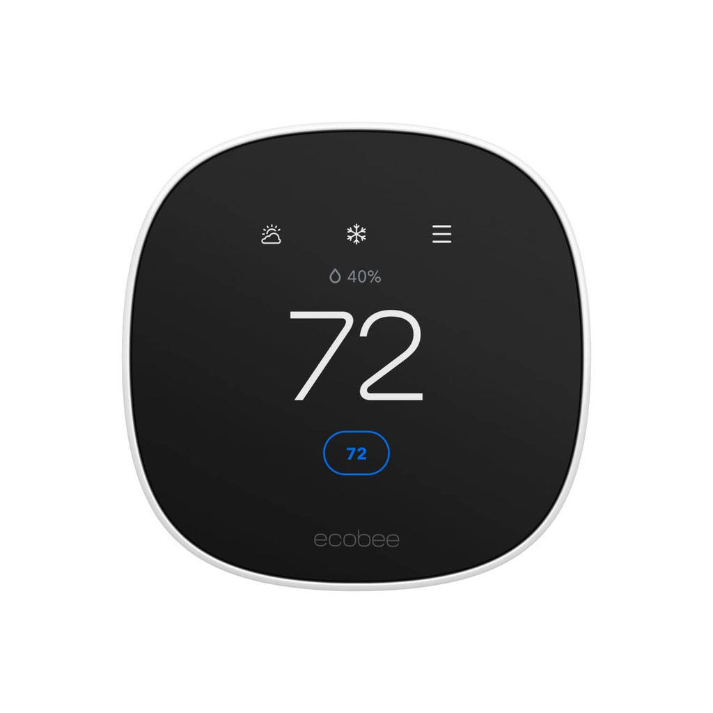 Smart thermostat with white rim and dark screen showing temperature 72
