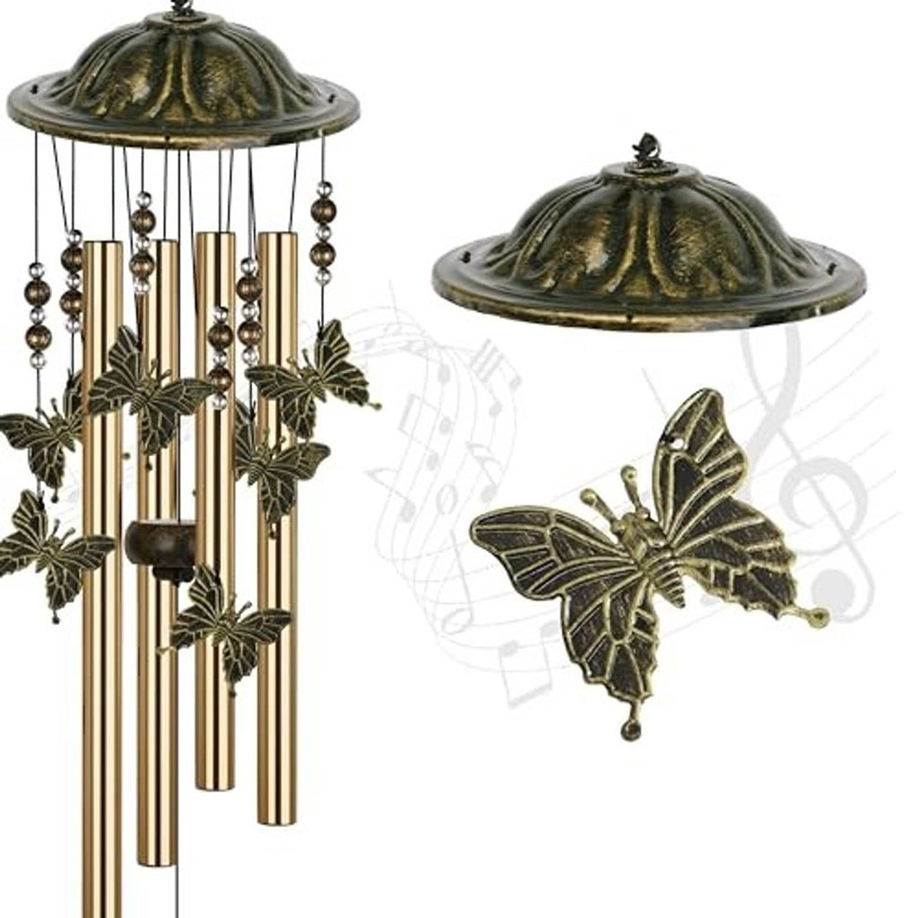 Bronze butterfly wind chime close-up with domed cap, gold rods, and butterfly finial