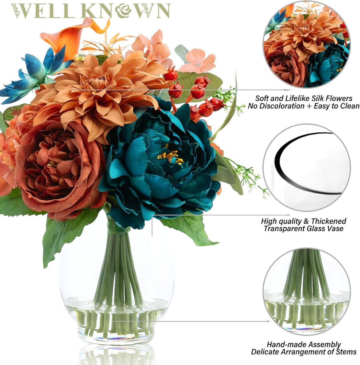 Teal and orange faux peony-dahlia bouquet in thick clear glass vase