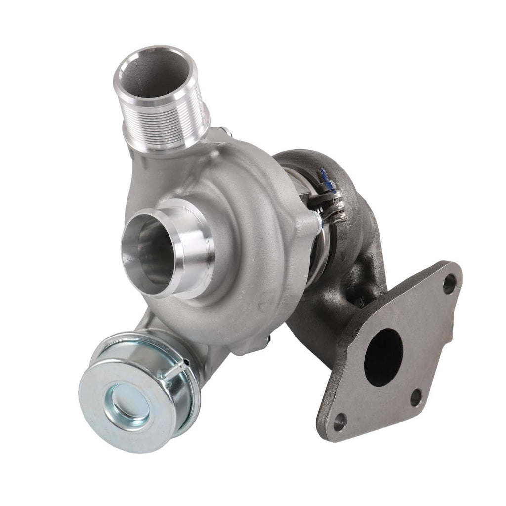 Turbocharger with metal housing, inlet/outlet ports, and mounting flange brackets