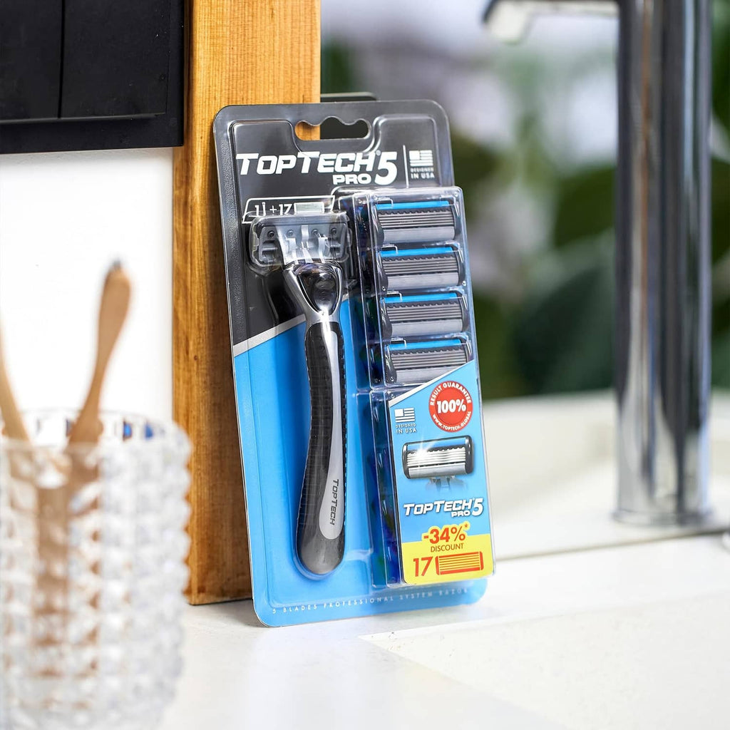 TopTech5 PRO 5 razor kit with handle and 17 refill cartridges, blister package