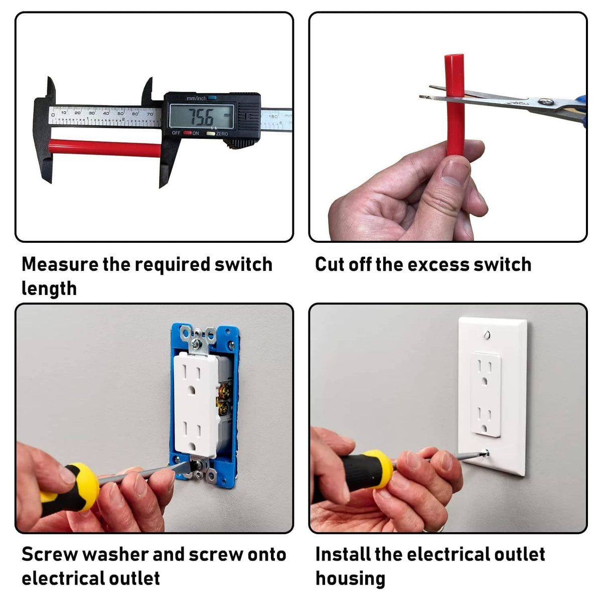 Red outlet extender spacers and long screws for mounting an outlet housing