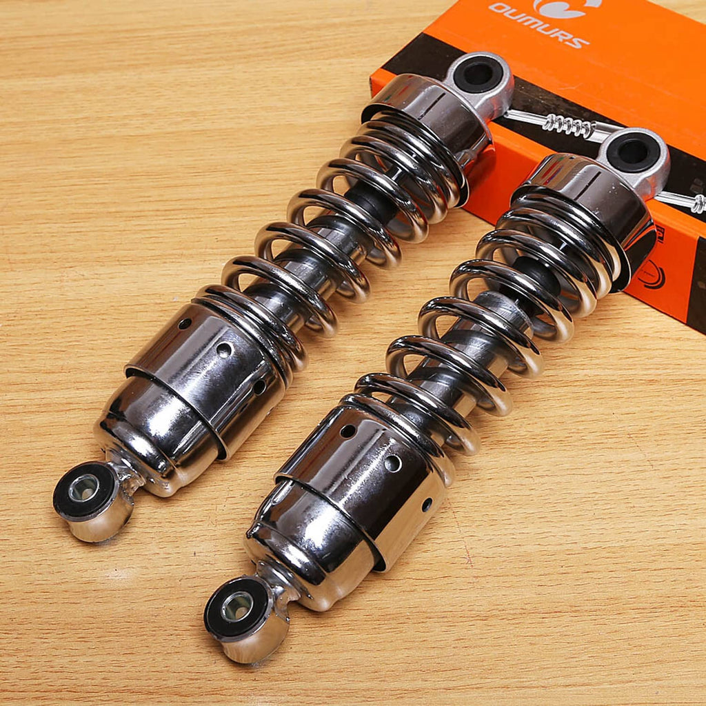Pair of chrome rear motorcycle shock absorbers with black coil springs and mounting brackets