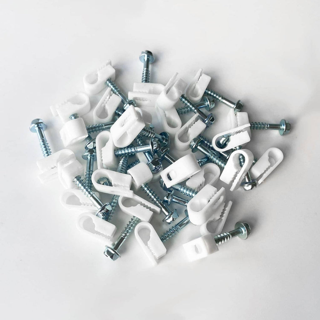 White round cable clips with screws for securing ethernet cables